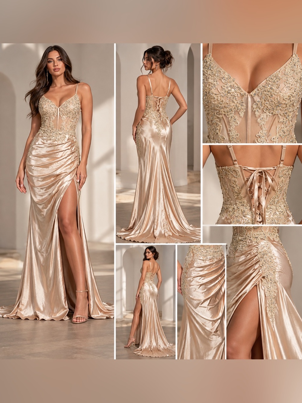 Juliet’s Bridal Champagne Beaded Corset Satin Prom Gown Size 8 NWT
